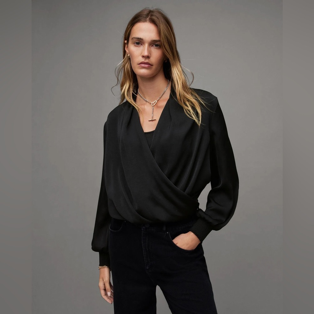All Saints Abi draped wrap top black XS